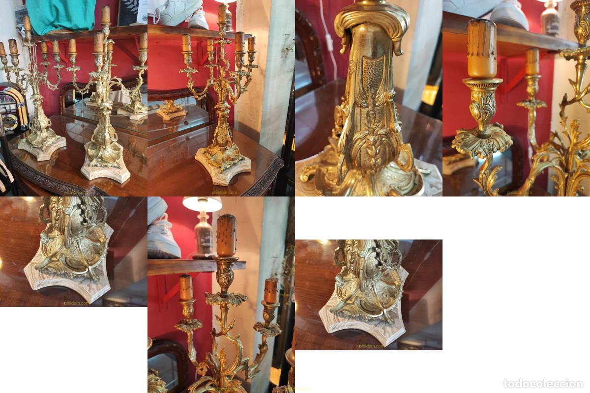 Antig&uuml;edades: PAREJA DE CANDELABROS DE BRONCE FINALES DE SIGLO XIX CON BASE DE MARMOL