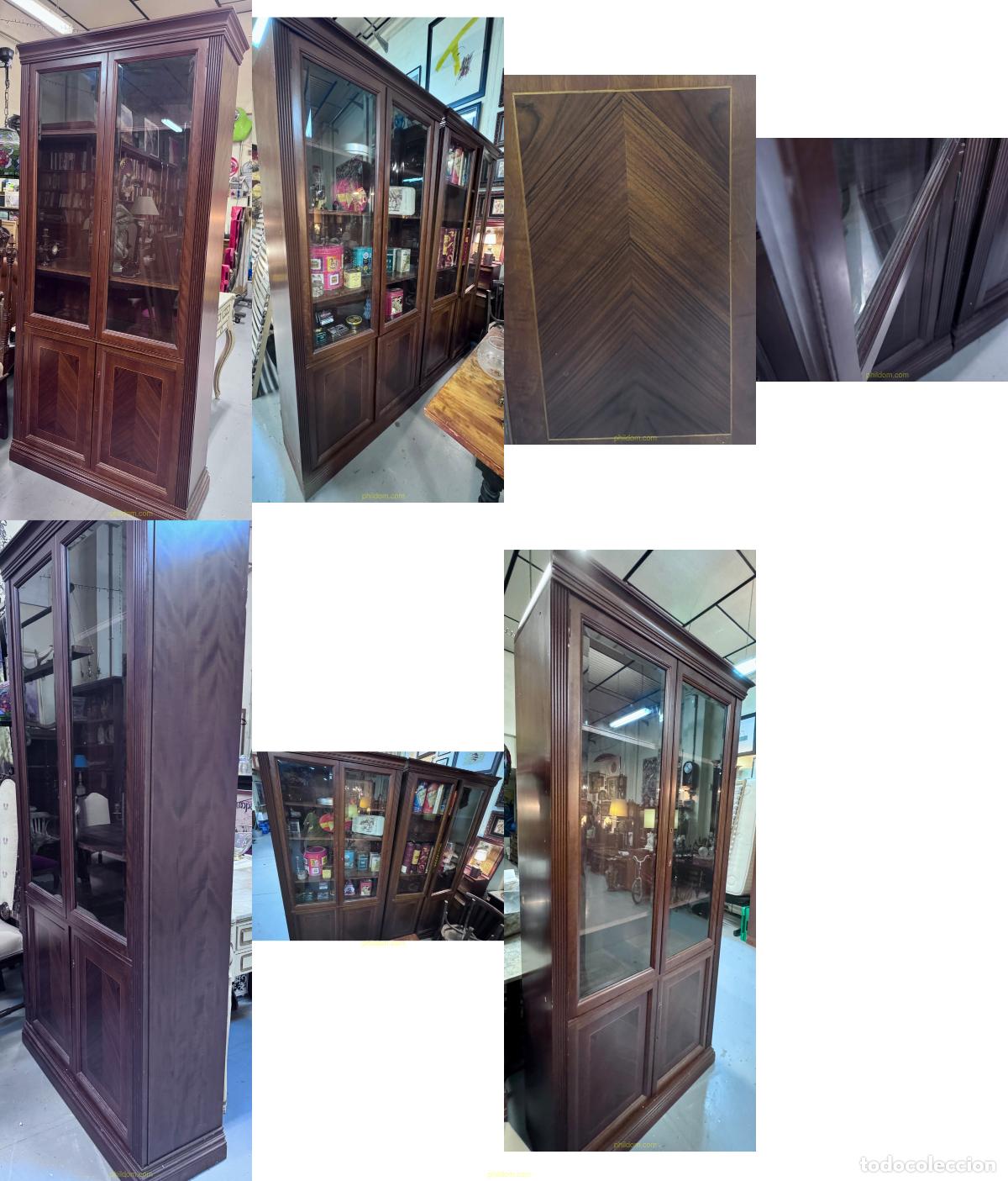 Antig&uuml;edades: CONJUNTO DE 3 VITRINAS DE MADERA DE NOGAL Y CRISTAL VISELADO