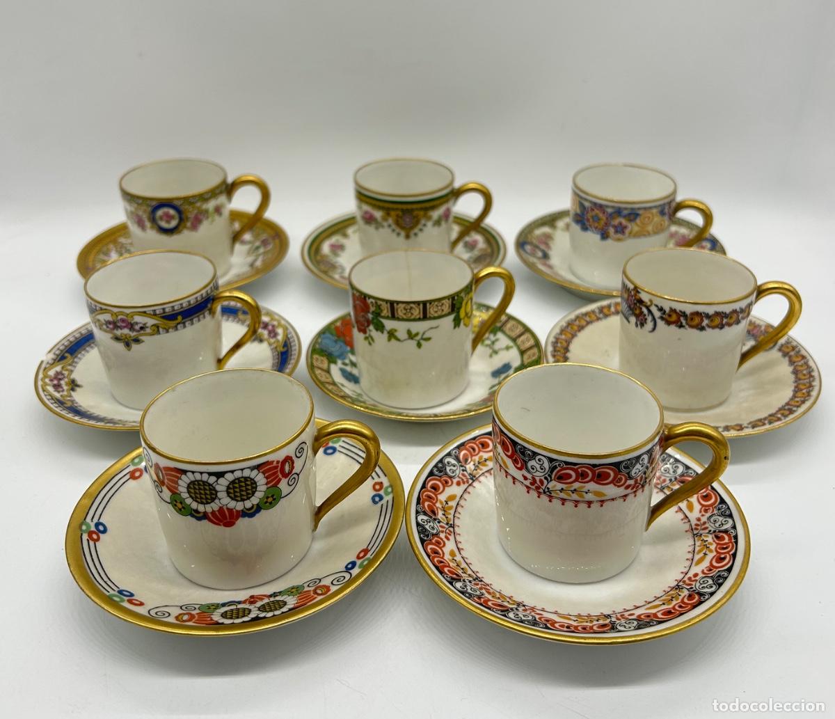 Antiquit&auml;ten: LIMOGES FRANCIA - CONJUNTO DE 8 TAZAS Y 8 PLATOS DE PORCELANA, DECORACI&Oacute;N FLORAL VARIADA