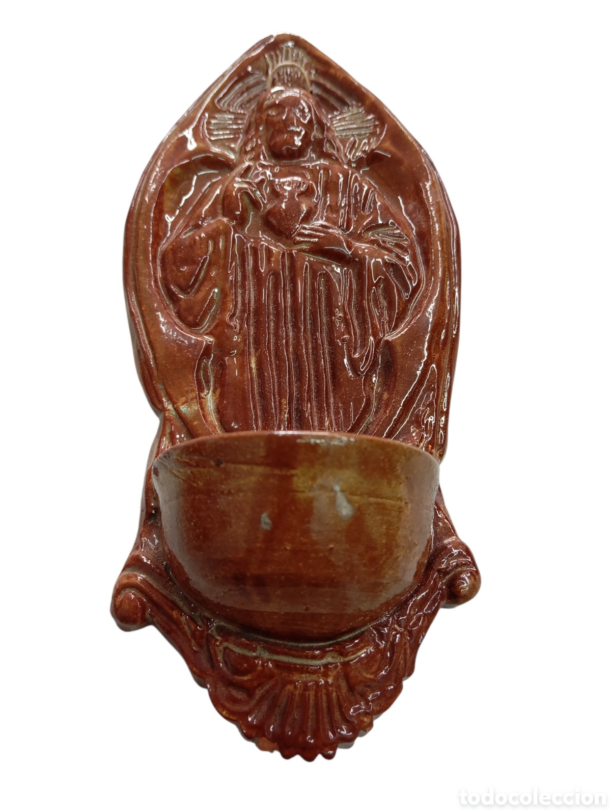 Antiguidades: ANTIGUA BENDITERA CERAMICA CATALANA JESUCRISTO SAGRADO CORAZON DE JESUS 20.5 cm