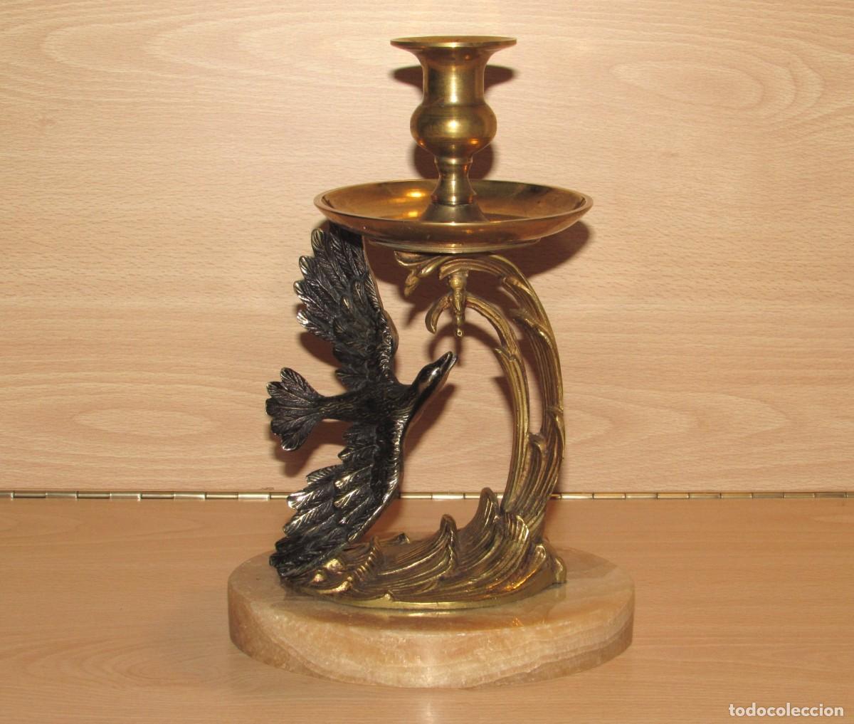 Antiquit&eacute;s: Antiguo candelabro porta velas piedra m&aacute;rmol escultura ave p&aacute;jaro metal lat&oacute;n bronce Francia a&ntilde;os 30