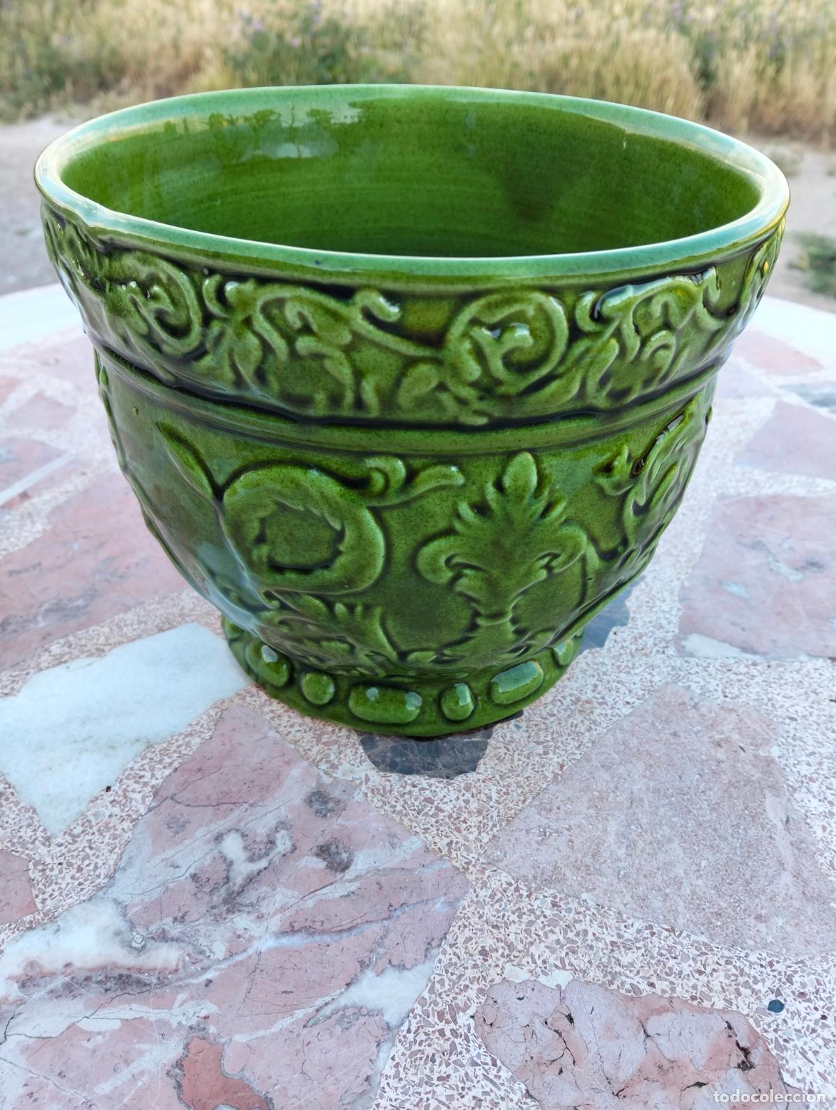 Antiguidades: Macetero antiguo de porcelana cer&aacute;mica brillante color verde vidriado maceta tiesto a&ntilde;os 50-60