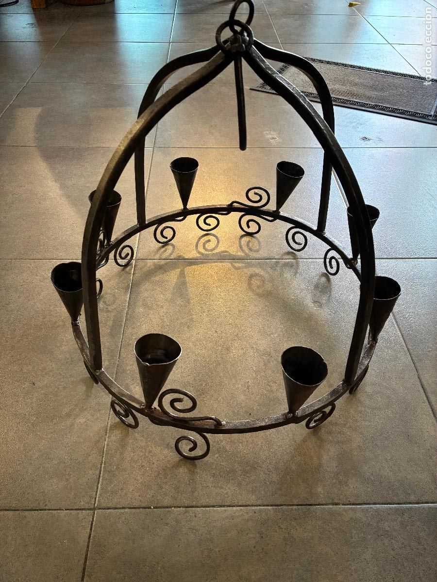 Antig&uuml;edades: Lampara de hierro para velas soporte para colgar del techo 60 cm alto x 45 di&aacute;metro estilo medieval