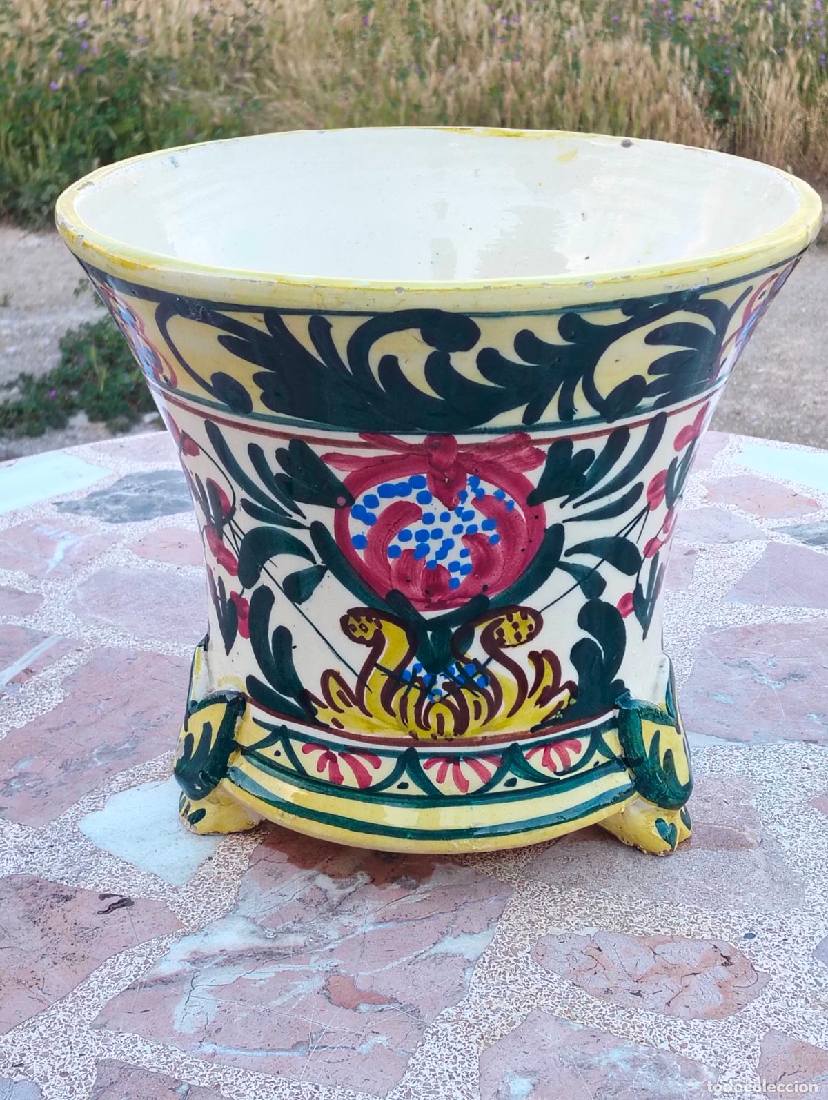 Antiguidades: Macetero antiguo de porcelana cer&aacute;mica brillante pintada verde may&oacute;lica maceta tiesto a&ntilde;os 40-50