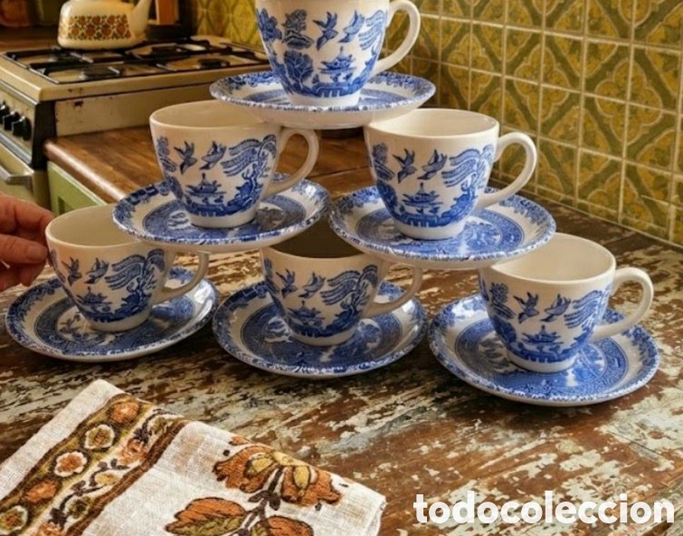 Antiquit&eacute;s: Conjunto de Te - Porcelana Inglesa - Blue Willow - Motivo Oriental China.
