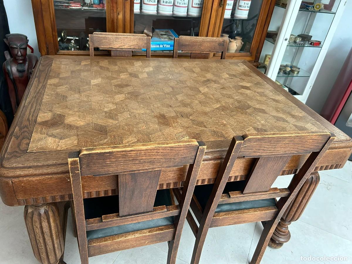 Antig&uuml;edades: Mesa Comedor Vintage Roble Marqueter&iacute;a C&uacute;bica (Estilo Louis XIII) + 4 Sillas - C. 1940