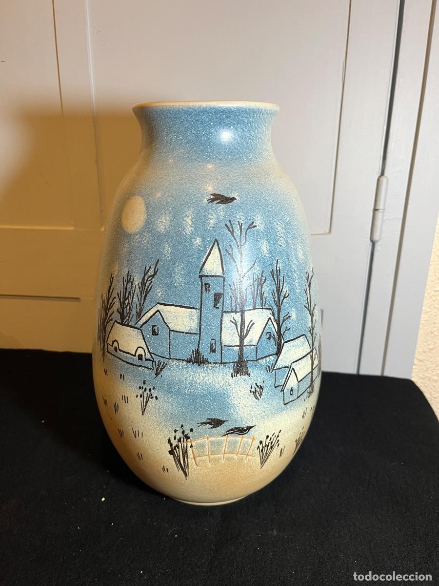 Antiquit&eacute;s: Jarr&oacute;n cer&aacute;mica artesanal vintage paisaje nevado florero retro pintado a mano a&ntilde;os 70 80