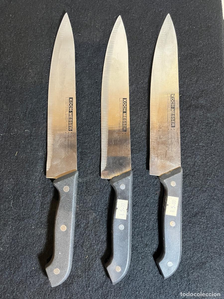 Antig&uuml;edades: Lote 3 cuchillos cocina Koch Messer acero inoxidable chef cebollero vintage mango negro