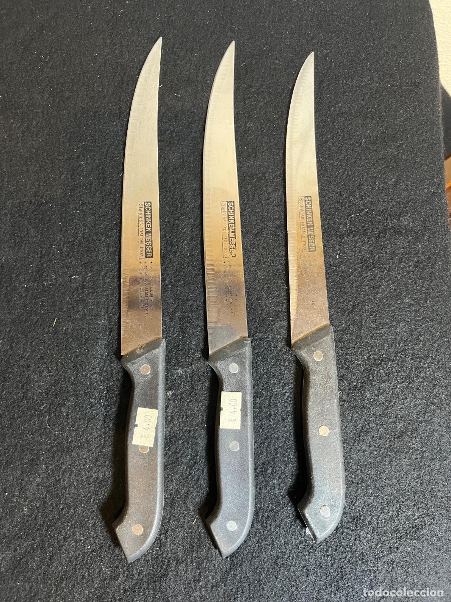 Antig&uuml;edades: Lote 3 cuchillos jamoneros Schinken Messer inox vintage fileteador cocina alem&aacute;n retro herramienta h
