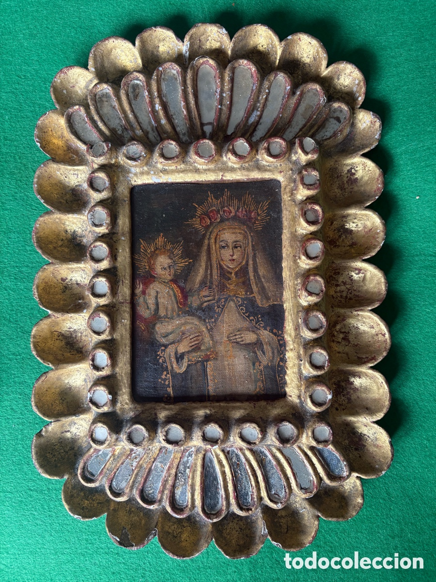 Antiques: &Oacute;leo sobre tabla religioso ppios S.XIX, virgen con ni&ntilde;o (A17)
