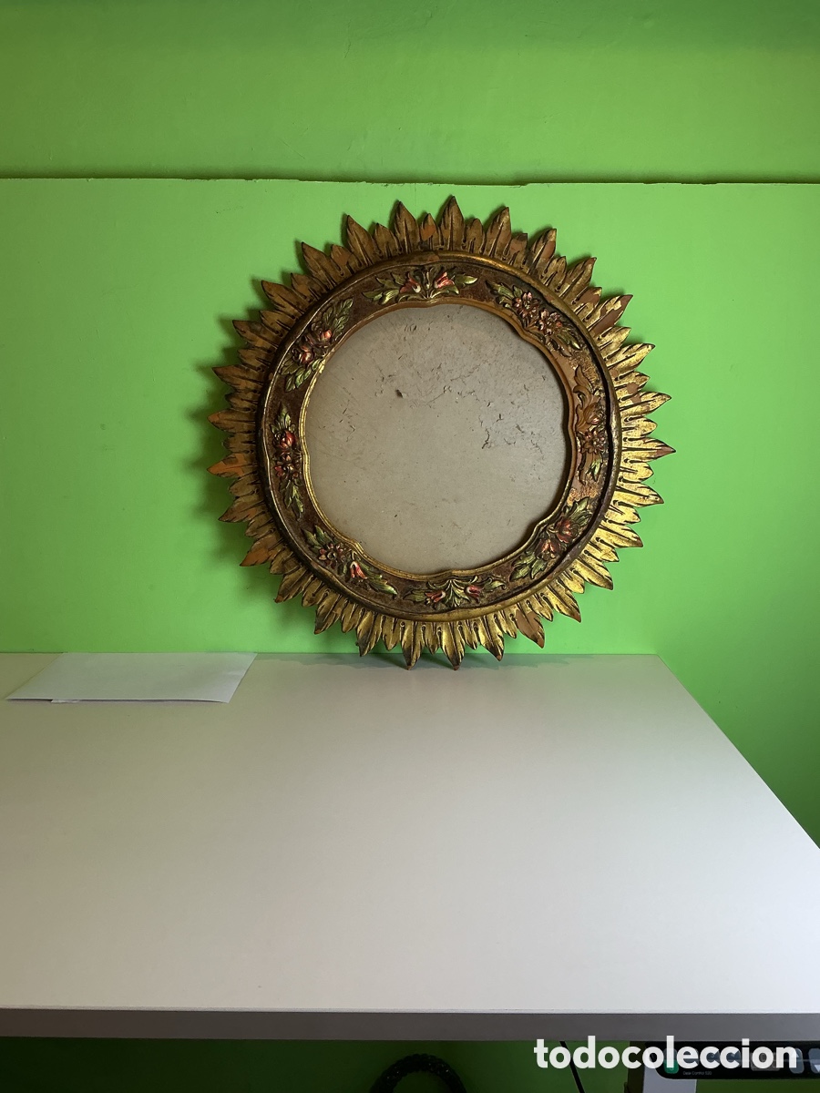Antig&uuml;edades: Antiguo Espejo Sol 60 cm Madera Tallada Dorada Policromada Vintage Decoraci&oacute;n Retro
