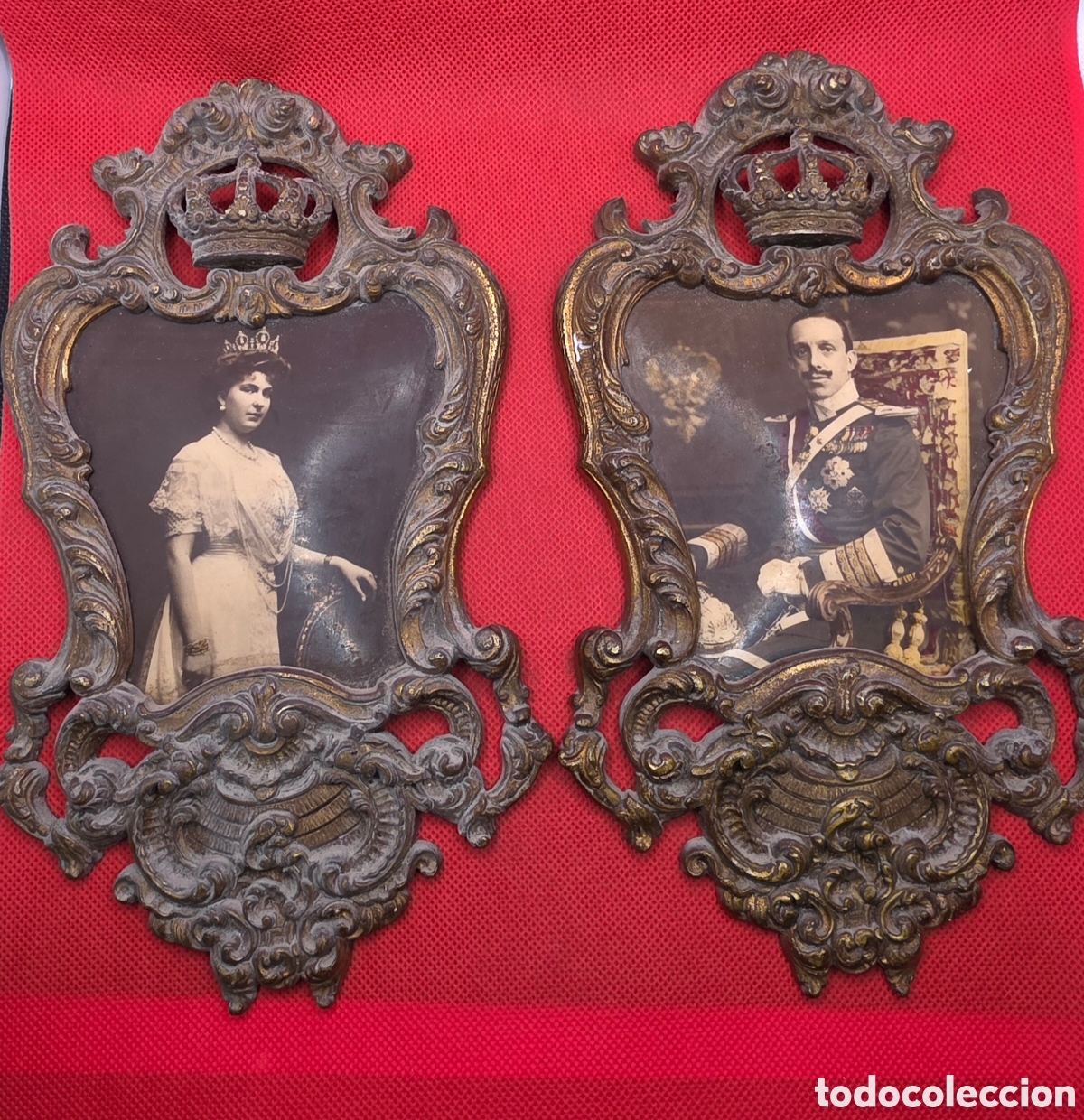 Antig&uuml;edades: Pareja de Placas / Marcos Bronce Retratos Reales Alfonso XIII Victoria Eugenia Principios XX