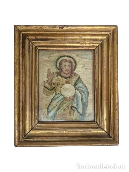 Antig&uuml;edades: Salvator Mundi (Salvador del Mundo) - Tapiz Bordado en Seda - Marco Original de &Eacute;poca - S. XVIII