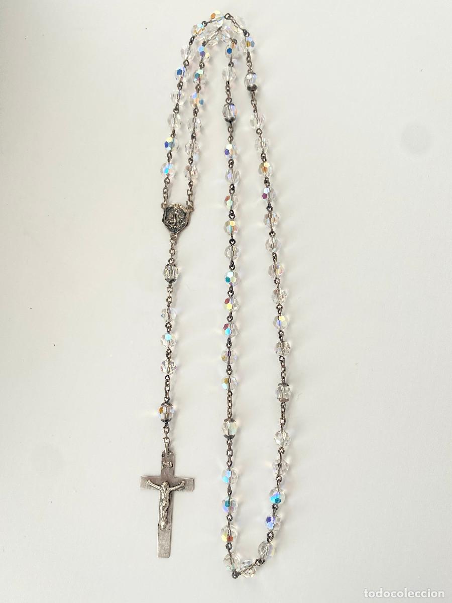 Antig&uuml;edades: Rosario de cristal de roca o cristal tallado Aurora Boreal (AB) y plata, c. 1950