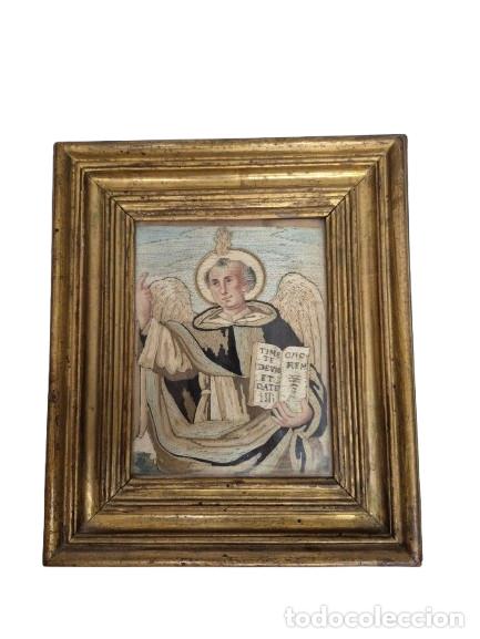 Antig&uuml;edades: San Vicente Ferrer - Tapiz Bordado en Seda - Marco Original de &Eacute;poca - S. XVIII