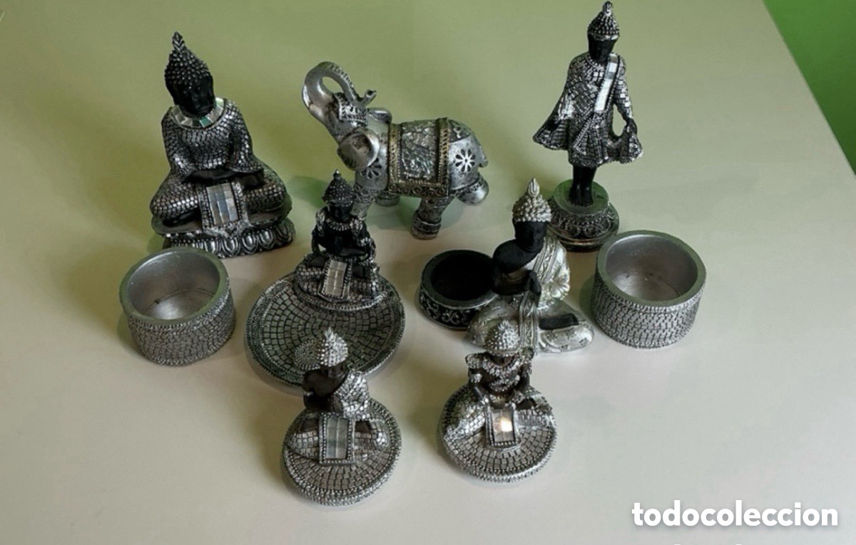 Antig&uuml;edades: Lote decorativo oriental con figuras de Buda y elefante. Conjunto estilo zen