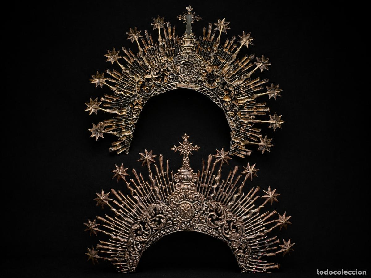 Antiquit&auml;ten: R&aacute;faga corona Virgen neobarroca alpaca plateada cincelada estrellas &middot; ajuar hermandad &middot; 26x32cm