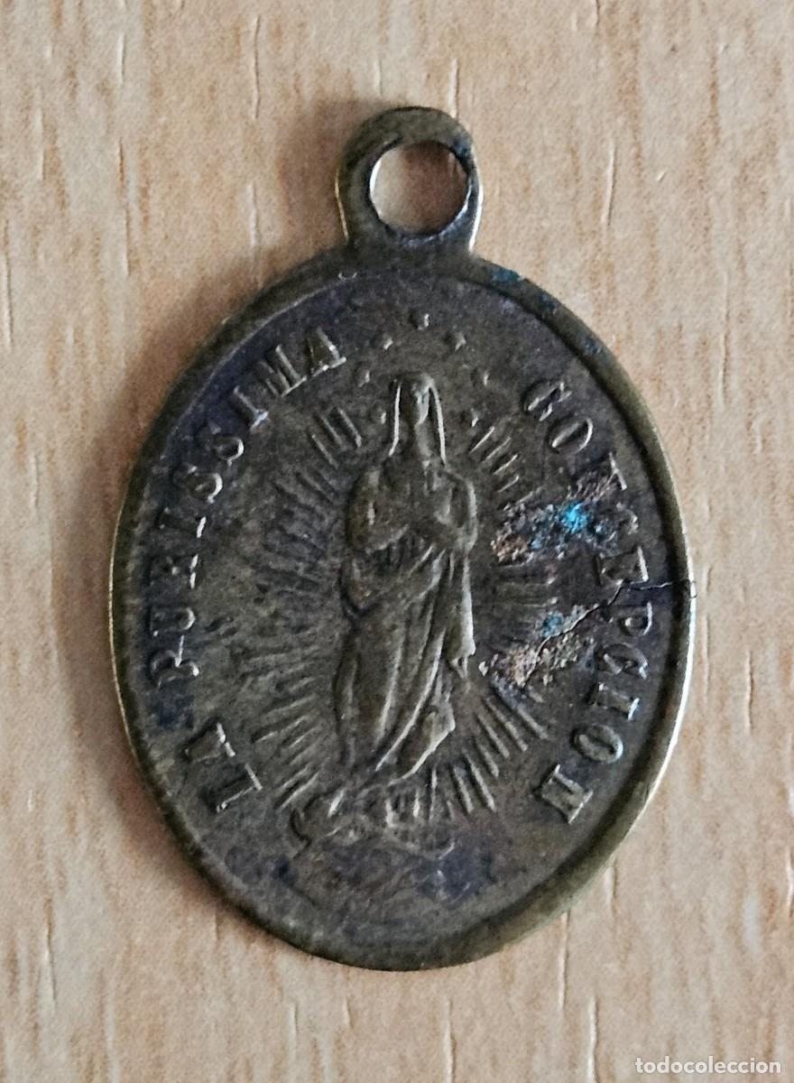 Antiquit&eacute;s: Antigua Medalla Religiosa en Cobre -La Pur&iacute;sima Concepci&oacute;n- Reverso Corazones de Jes&uacute;s y Mar&iacute;a- Roma