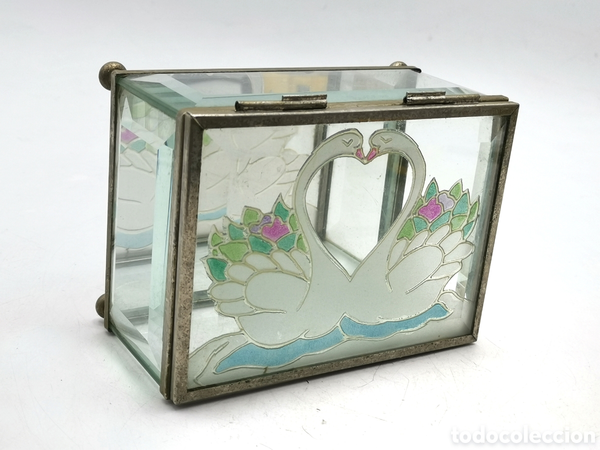 Antiquit&eacute;s: JOYERO ANTIGUO DE CRISTAL CON BONITA DECORACI&Oacute;N CISNES