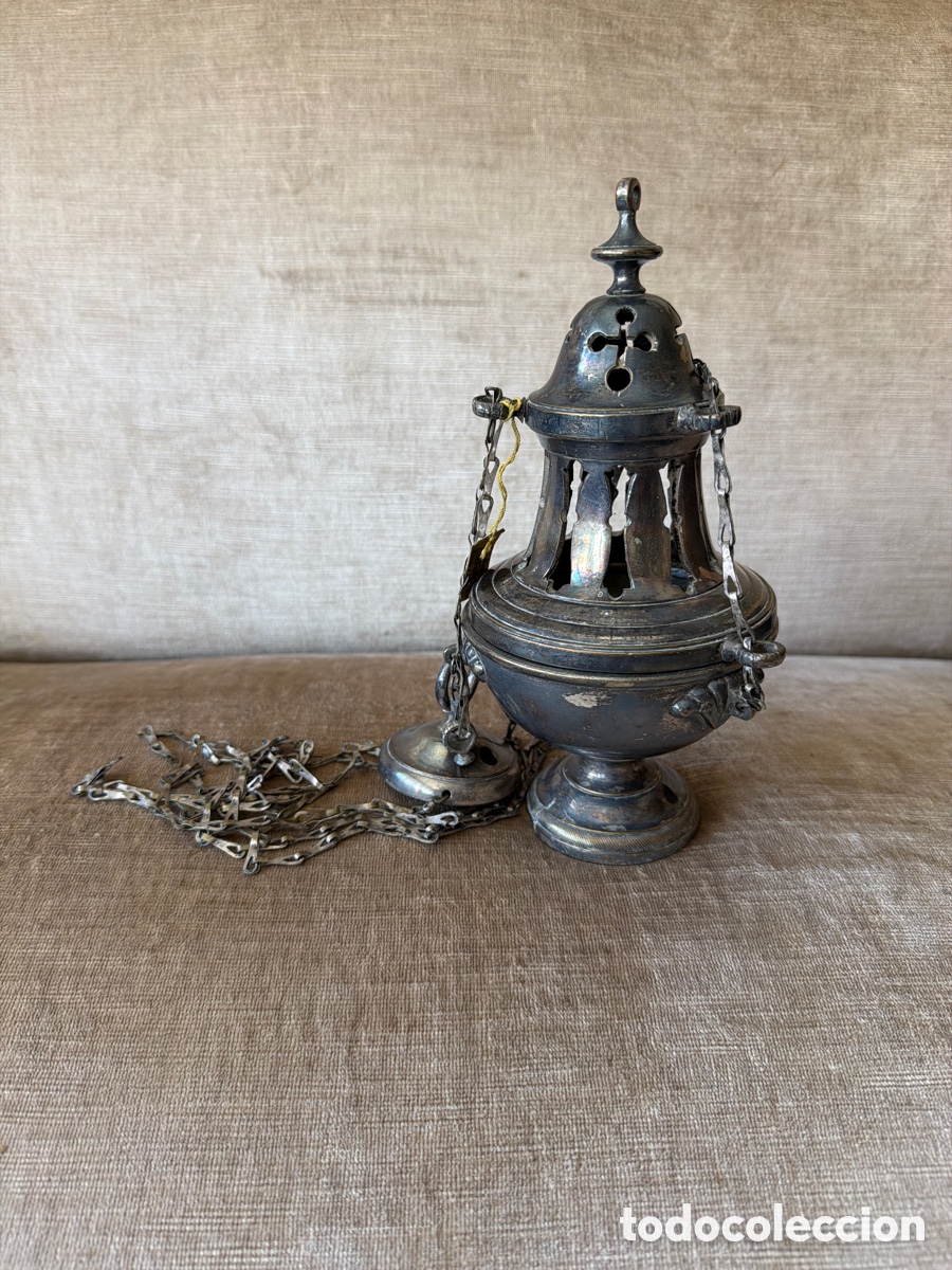 Antig&uuml;edades: Incensario antiguo de metal plateado
