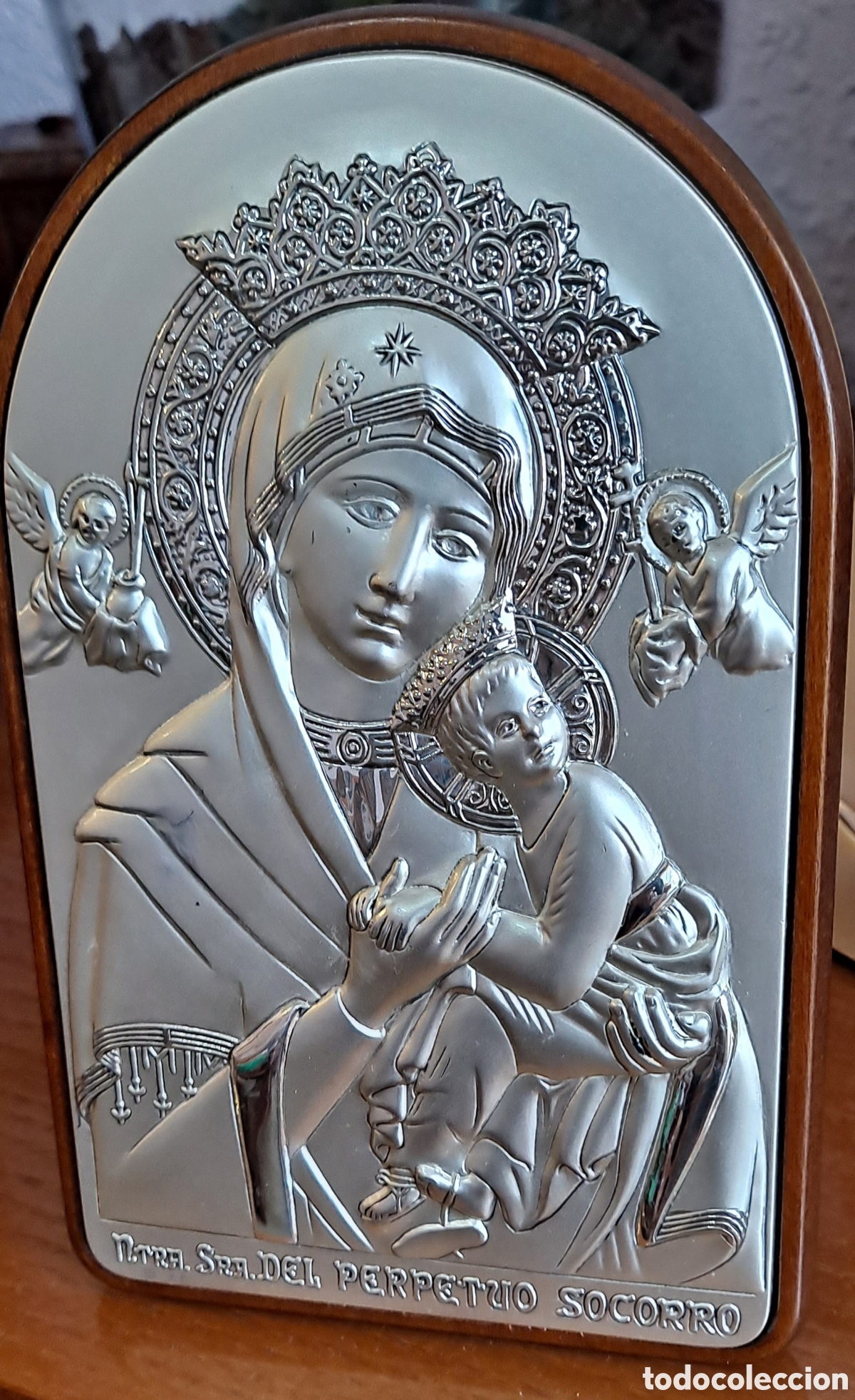 Oggetti Antichi: RETABLO ICONO DE LA VIRGEN DEL PERPETUO SOCORRO. PLATA BILAMINADA DE 925 Y MADERA NOBLE. 16x10 cm.