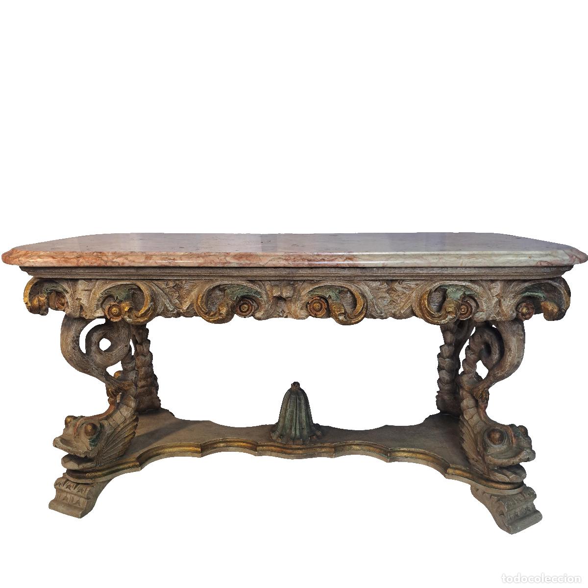 Antiquit&eacute;s: Mesa de centro antigua con tablero de m&aacute;rmol
