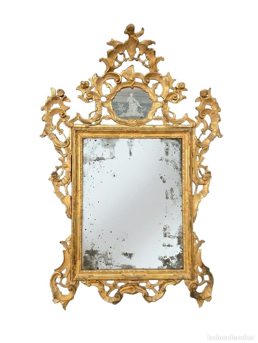 Antig&uuml;edades: Espectacular Espejo Carlos III - Talla de Madera Dorada - Espejo Original - S.XVIII