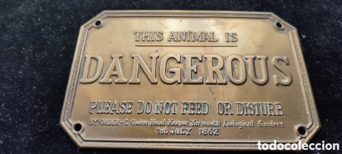 Antig&uuml;edades: Placa de lat&oacute;n antiguo zool&oacute;gico Yarmouth 1862