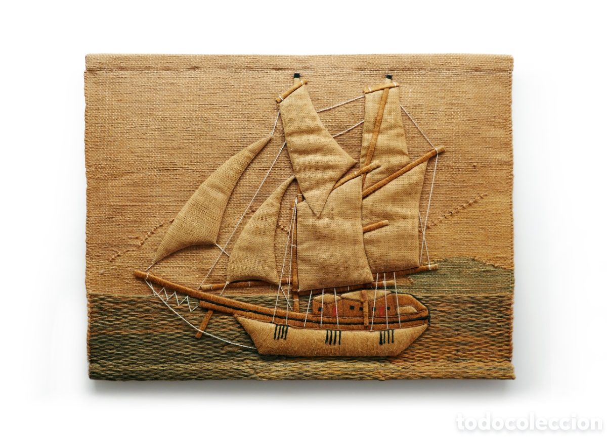Antiquit&eacute;s: Cuadro tapiz decorativo vintage lana y yute barco dise&ntilde;o de Don Freeman Estados Unidos a&ntilde;os 70