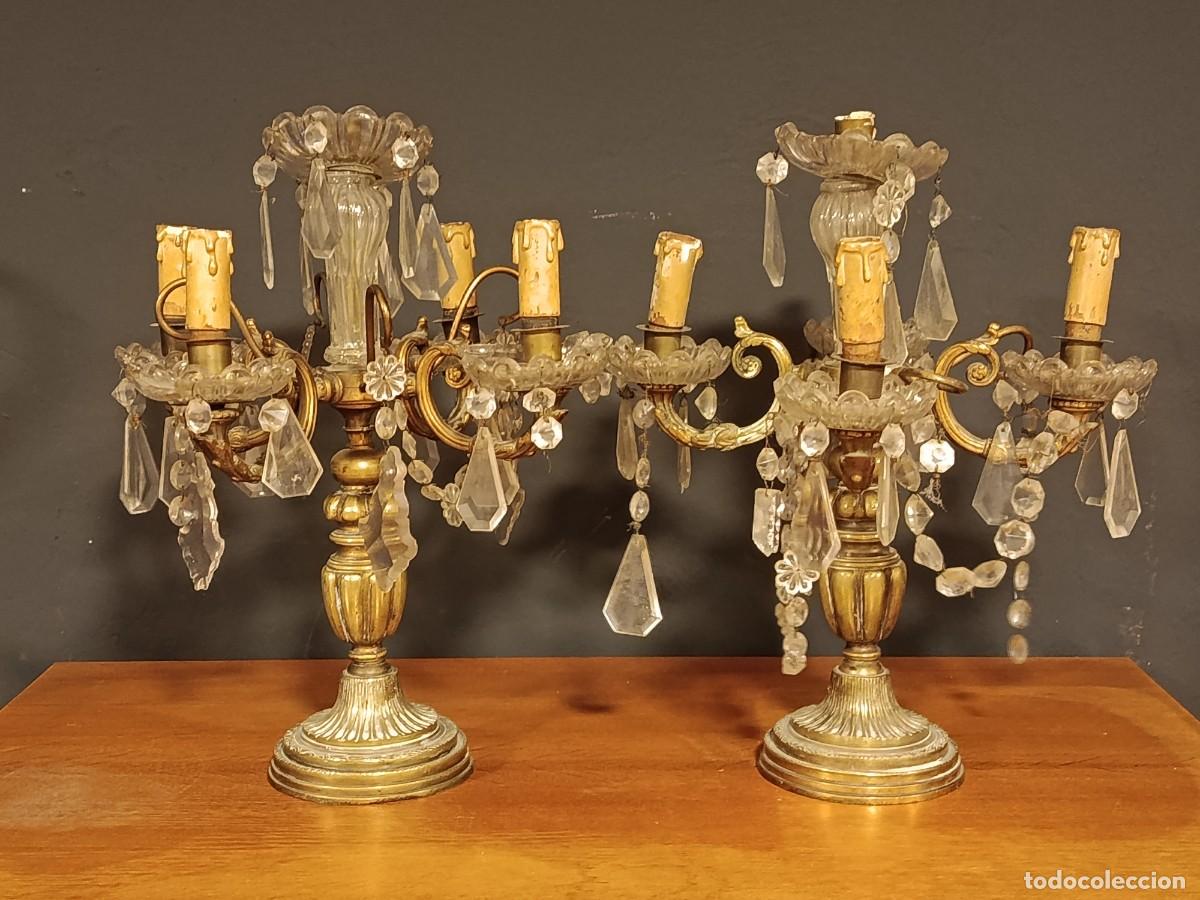 Antig&uuml;edades: DOS ANTUGUOS CANDELABROS CON L&Aacute;GRIMAS DE CRISTAL PARA RESTAURAR