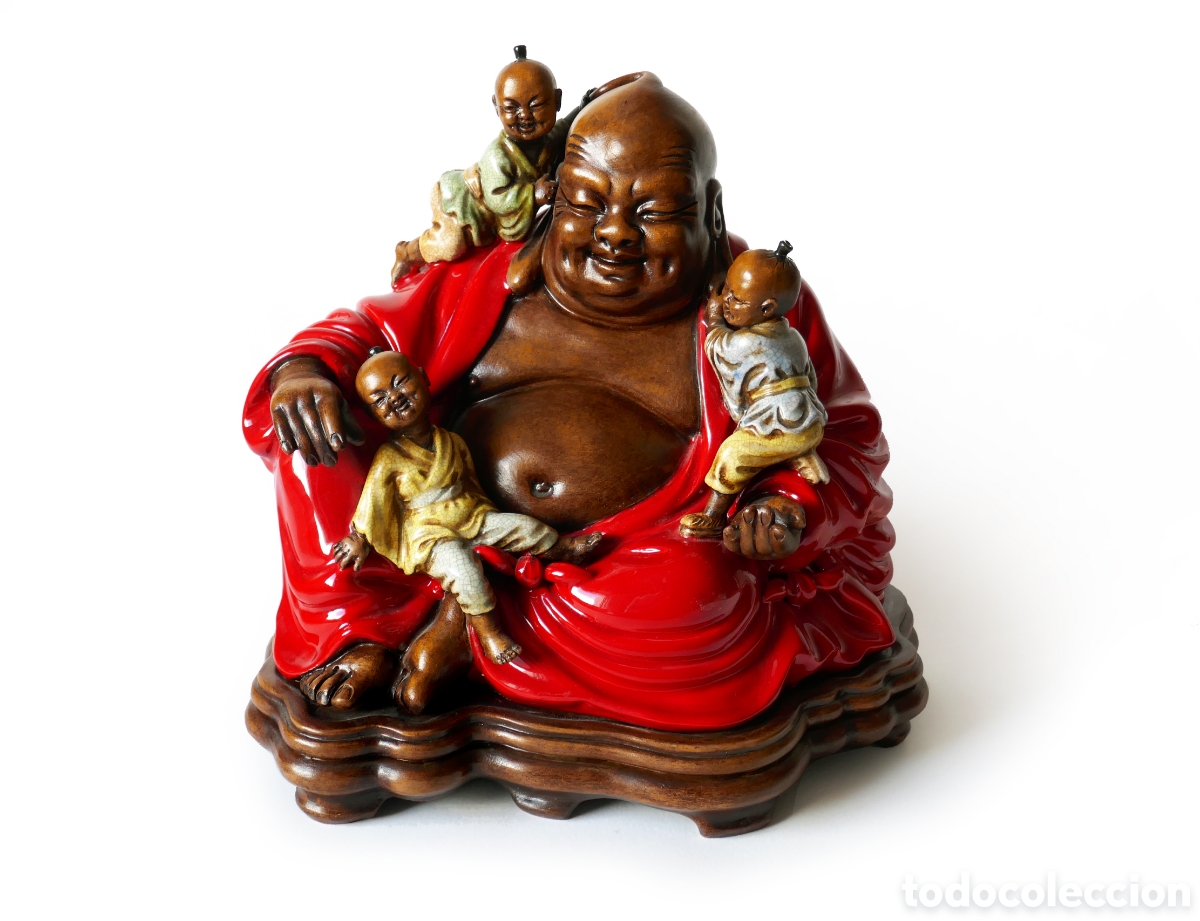 Antig&uuml;edades: Figura gigante Buda Maitreya cer&aacute;mica policromada decoraci&oacute;n Feng Shui China mediados siglo XX