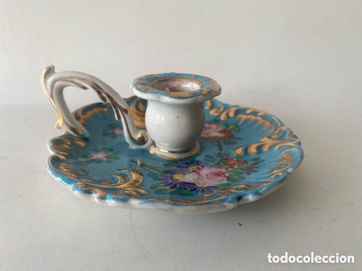 Antig&uuml;edades: Candelabro candil de porcelana Limoges Francia Princ SXX Azul turquesa