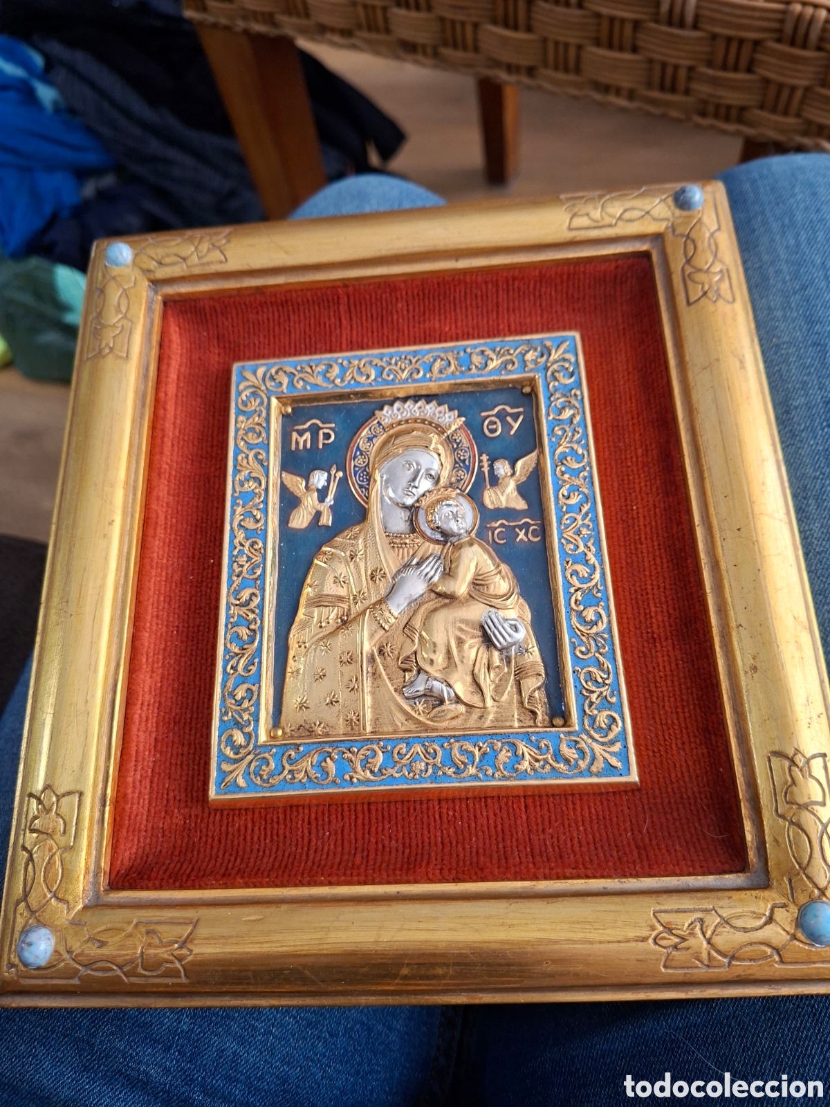 Antig&uuml;edades: Icono Virgen Bizantina &rdquo;Morat&oacute;&rdquo; - Marco Dorado y Terciopelo