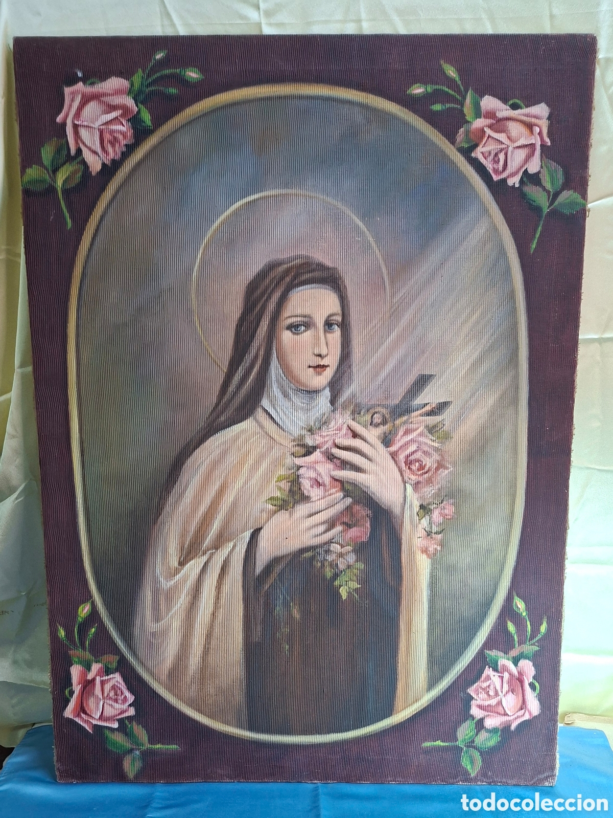 Antig&uuml;edades: Pintura estilo tapiz sobre tela de Santa Teresa del Ni&ntilde;o Jes&uacute;s.
