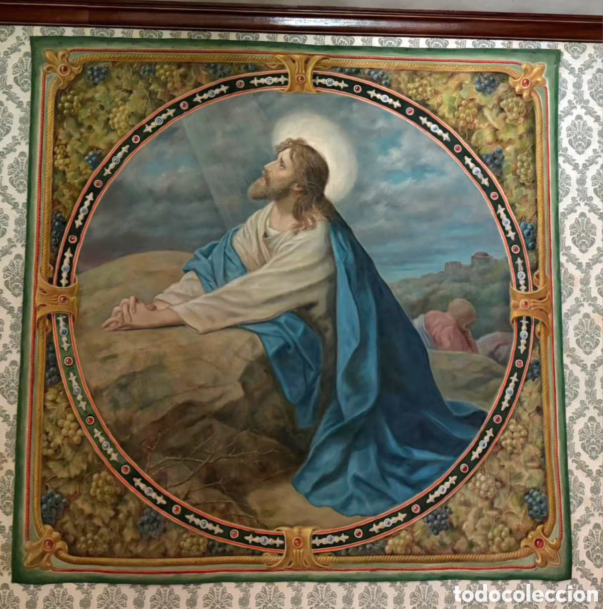 Antig&uuml;edades: Pintura estilo tapiz religioso &mdash; Jes&uacute;s en oraci&oacute;n &mdash; Gran formato 147 cm
