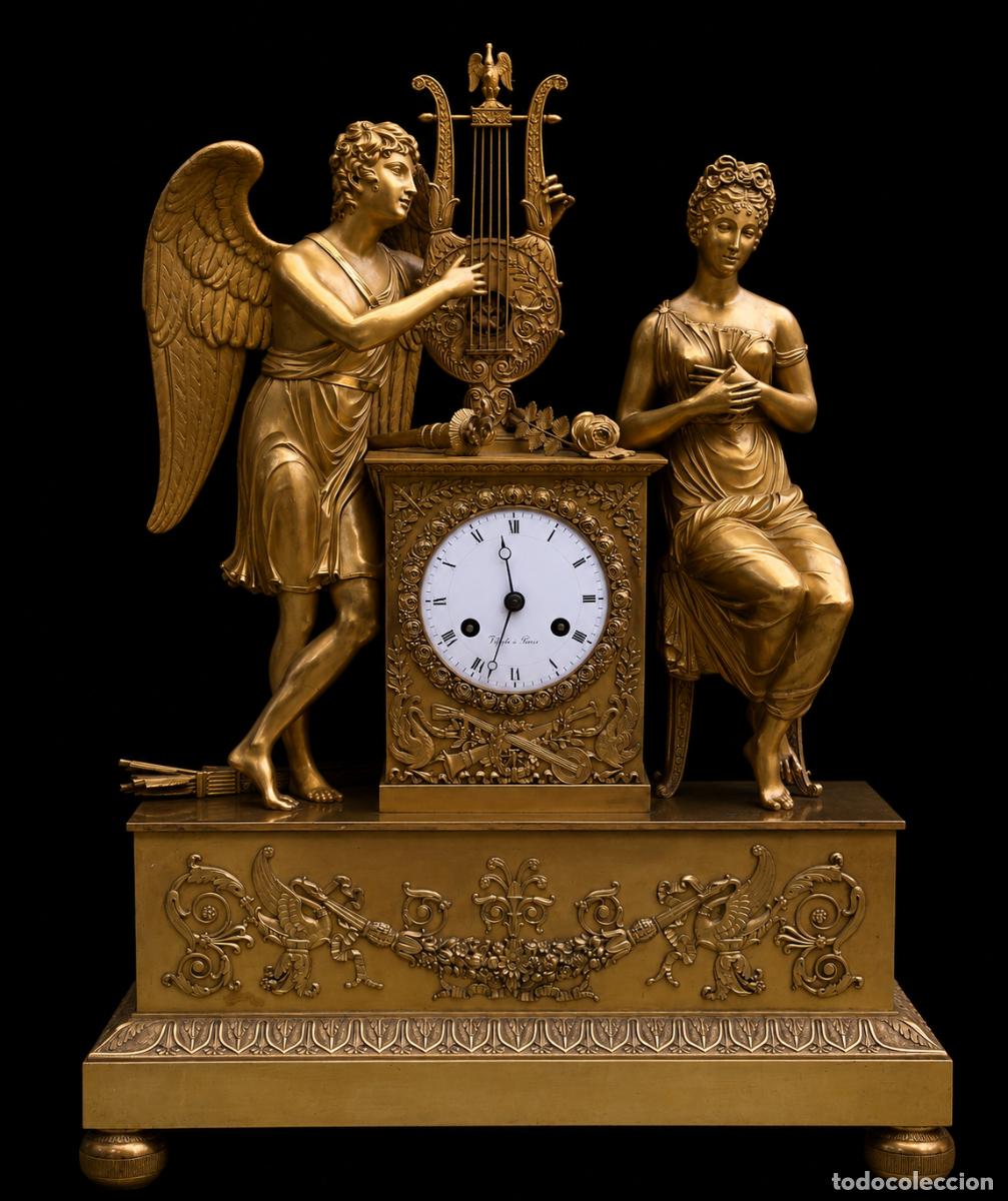 Antig&uuml;edades: Reloj de sobremesa Imperio en bronce dorado al mercurio, Francia, principios del siglo XIX