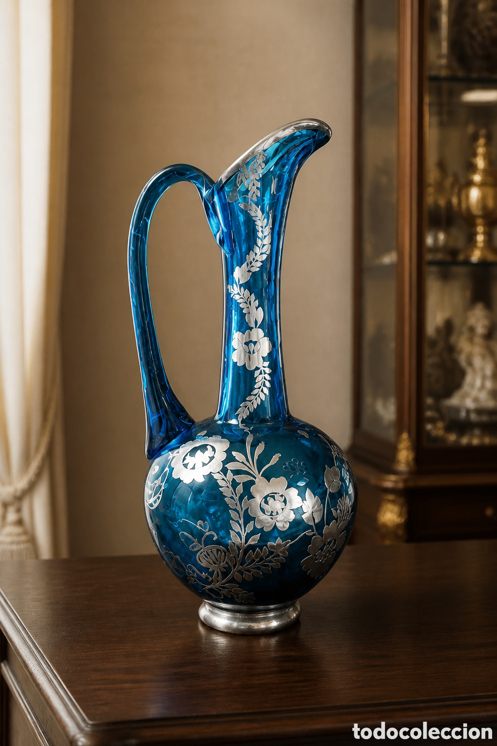 Antig&uuml;edades: PRECIOSO JARR&Oacute;N CRISTAL DE BOHEMIA AZUL.ORNAMENTADO EN PLATA. 35CM ALTO.
