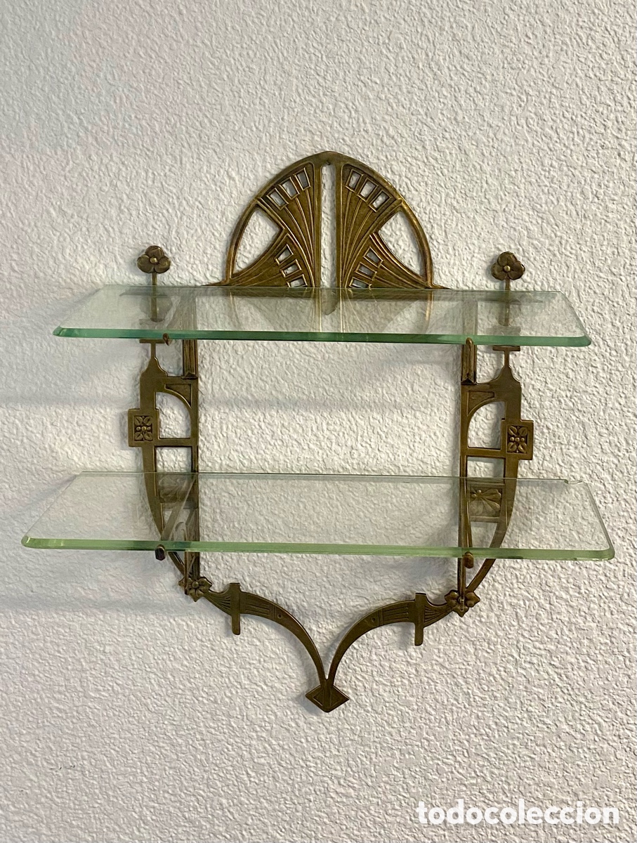 Antig&uuml;edades: Estanteria de bronce dorado y vidrio Art Nouveau Doble estante Modernista Principios S XX