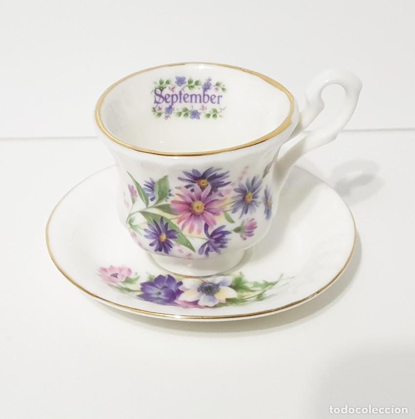 Antig&uuml;edades: ANTIGUA TAZA CON PLATO ESTILO ROYAL KENT, FLORES DE LOS MESES DEL A&Ntilde;O. -SEPTIEMBRE- 4 CM