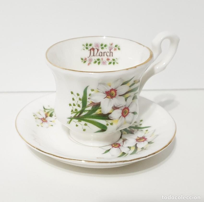 Antig&uuml;edades: ANTIGUA TAZA CON PLATO ESTILO ROYAL KENT, FLORES DE LOS MESES DEL A&Ntilde;O. -MARZO- 4 CM