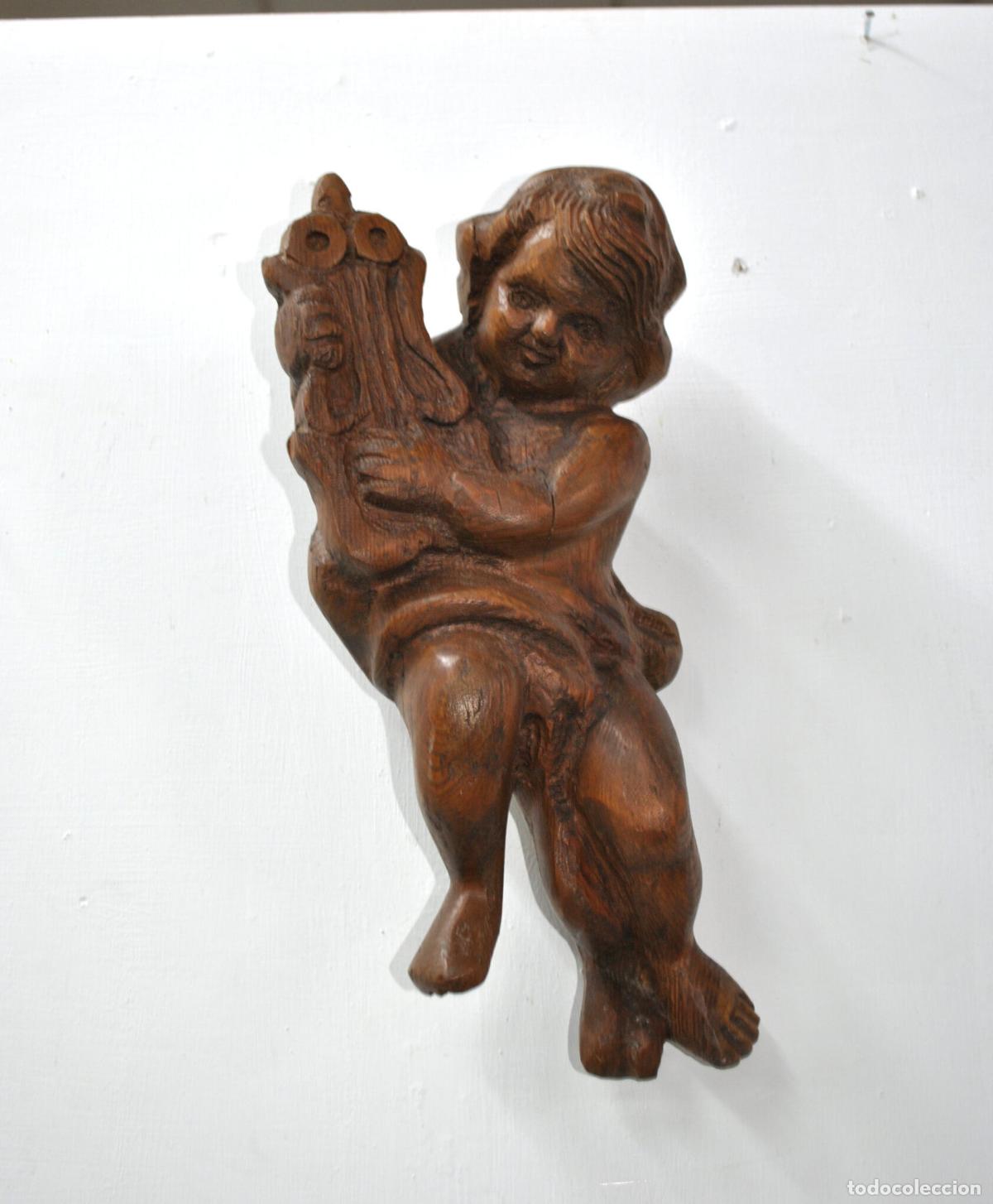 Antig&uuml;edades: Figura madera tallada angelito - Foto 1