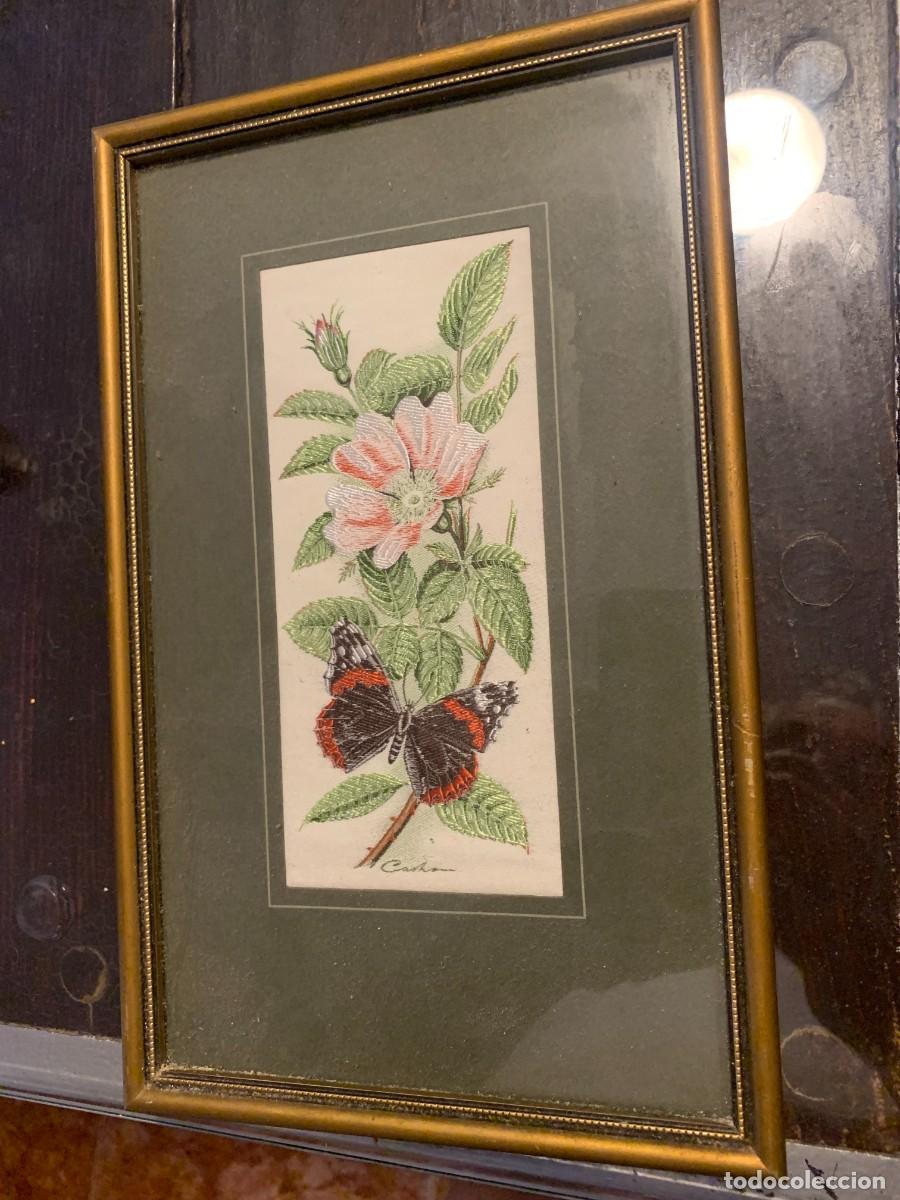 Antig&uuml;edades: Cash's of Coventry Woven Silk Picture - Butterflies and Flowers - Red Admiral