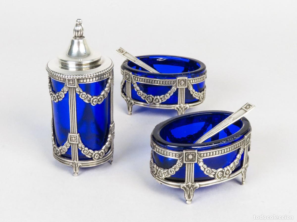 Oggetti Antichi: Pimentero y cuencos con cucharas de cristal azul cobalto y plata siglo XX