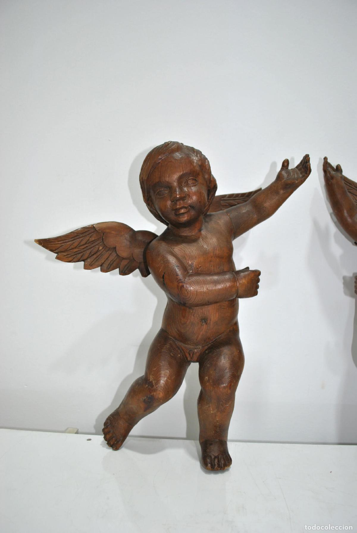 Antig&uuml;edades: Pareja angelitos querubines madera tallada - Foto 2
