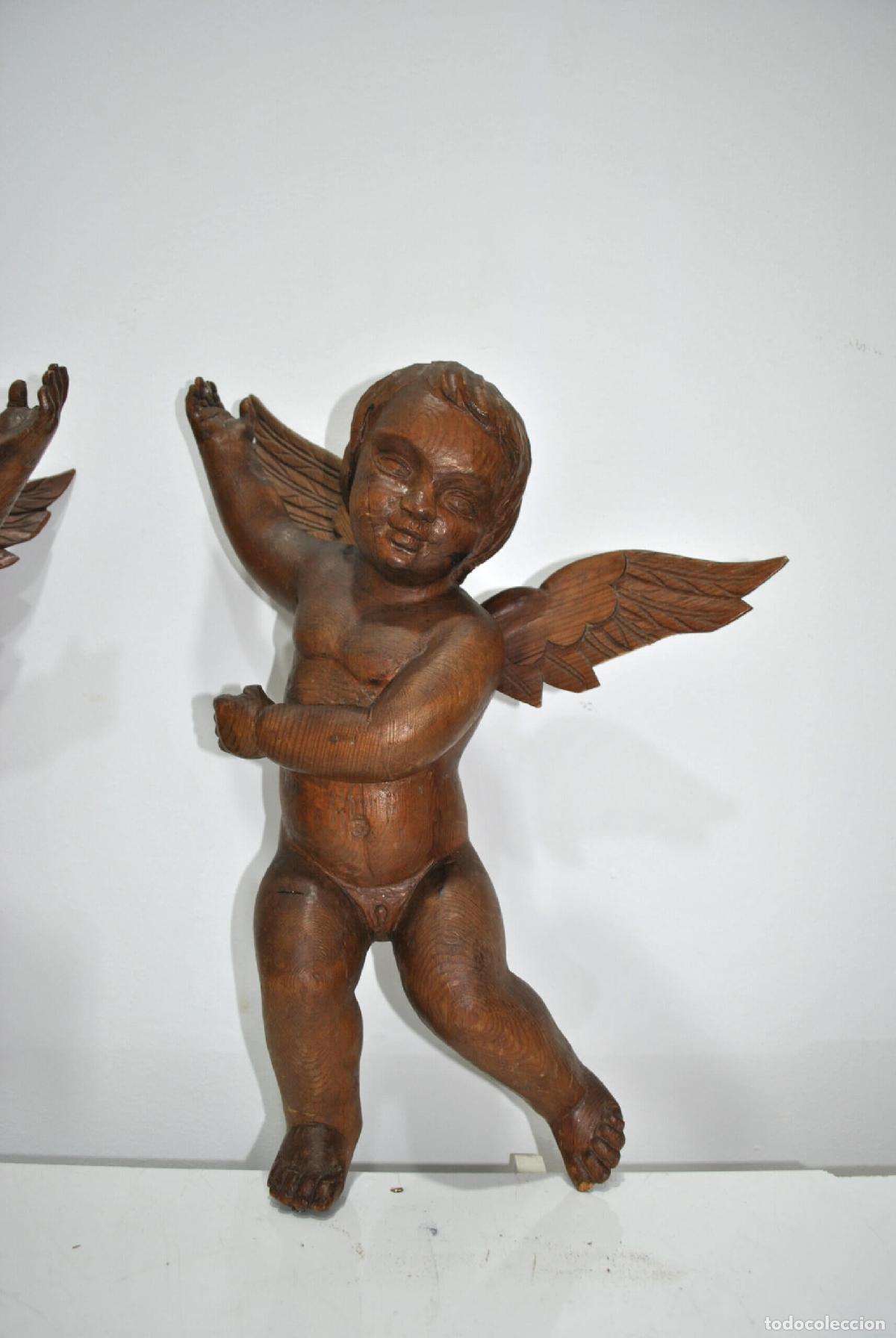 Antig&uuml;edades: Pareja angelitos querubines madera tallada - Foto 3