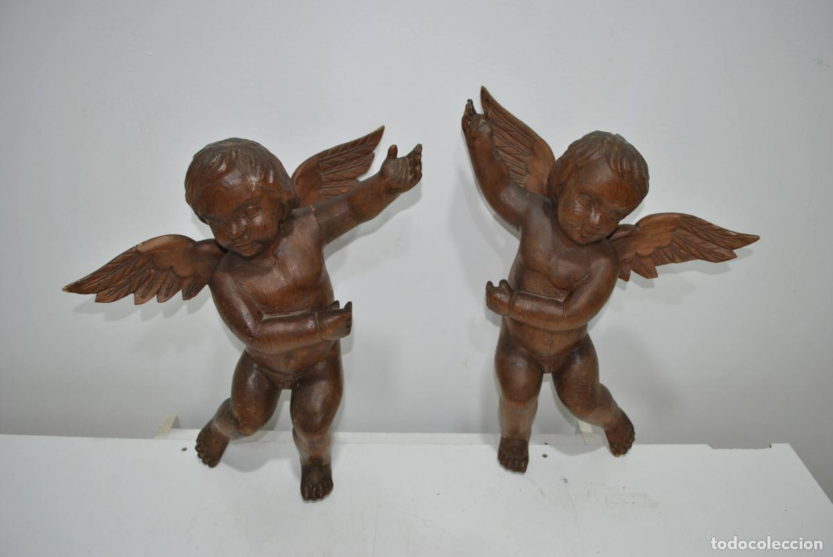 Antig&uuml;edades: Pareja angelitos querubines madera tallada - Foto 4