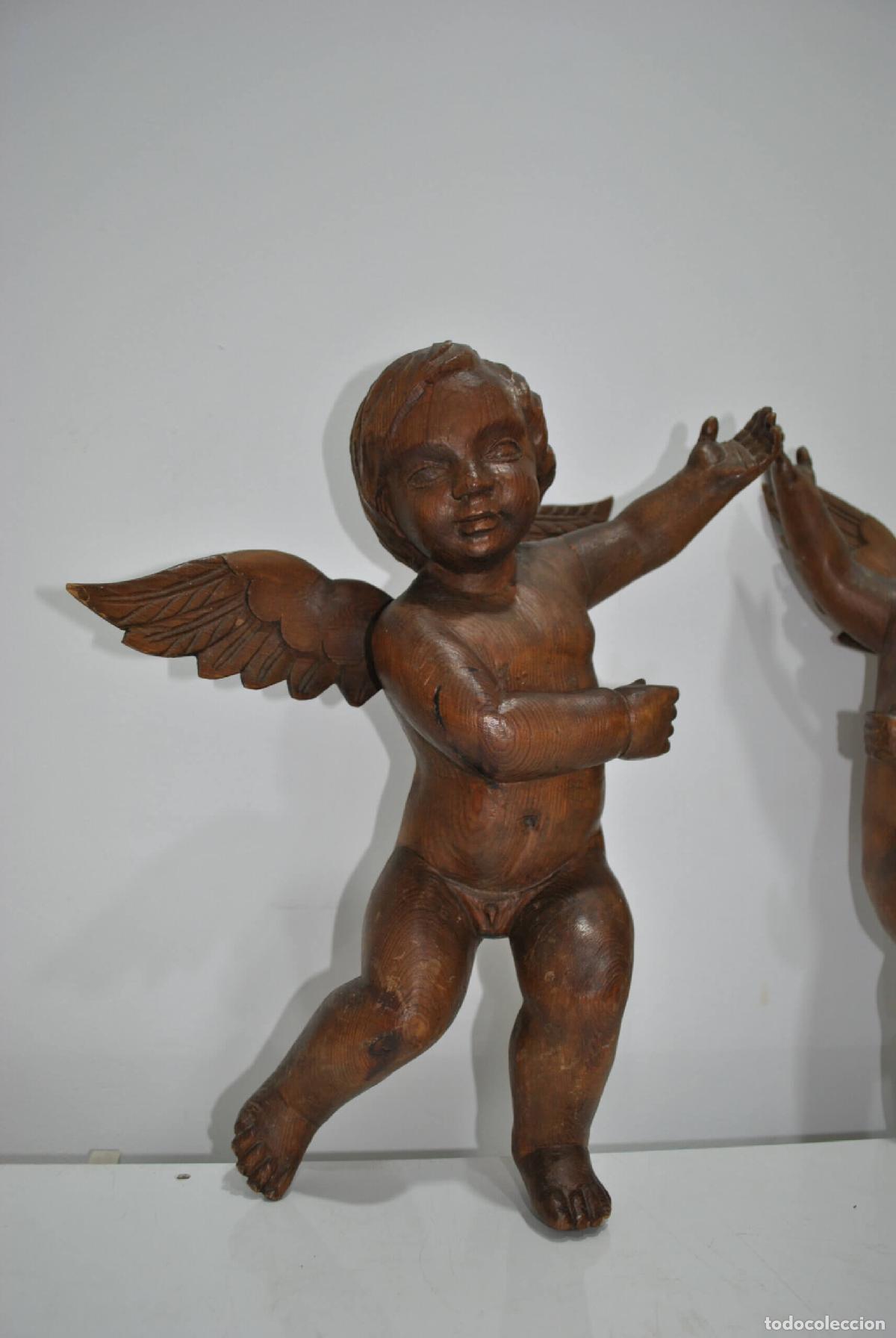 Antig&uuml;edades: Pareja angelitos querubines madera tallada - Foto 5