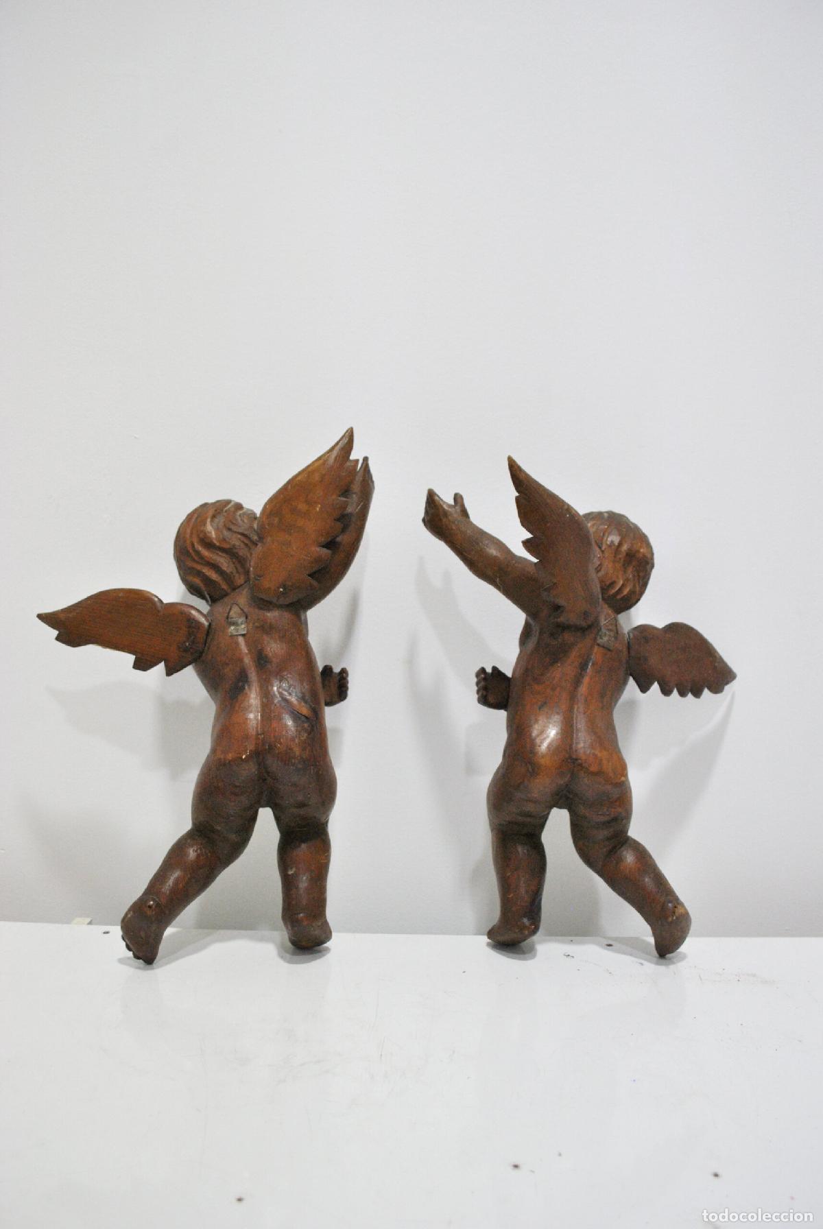 Antig&uuml;edades: Pareja angelitos querubines madera tallada - Foto 9