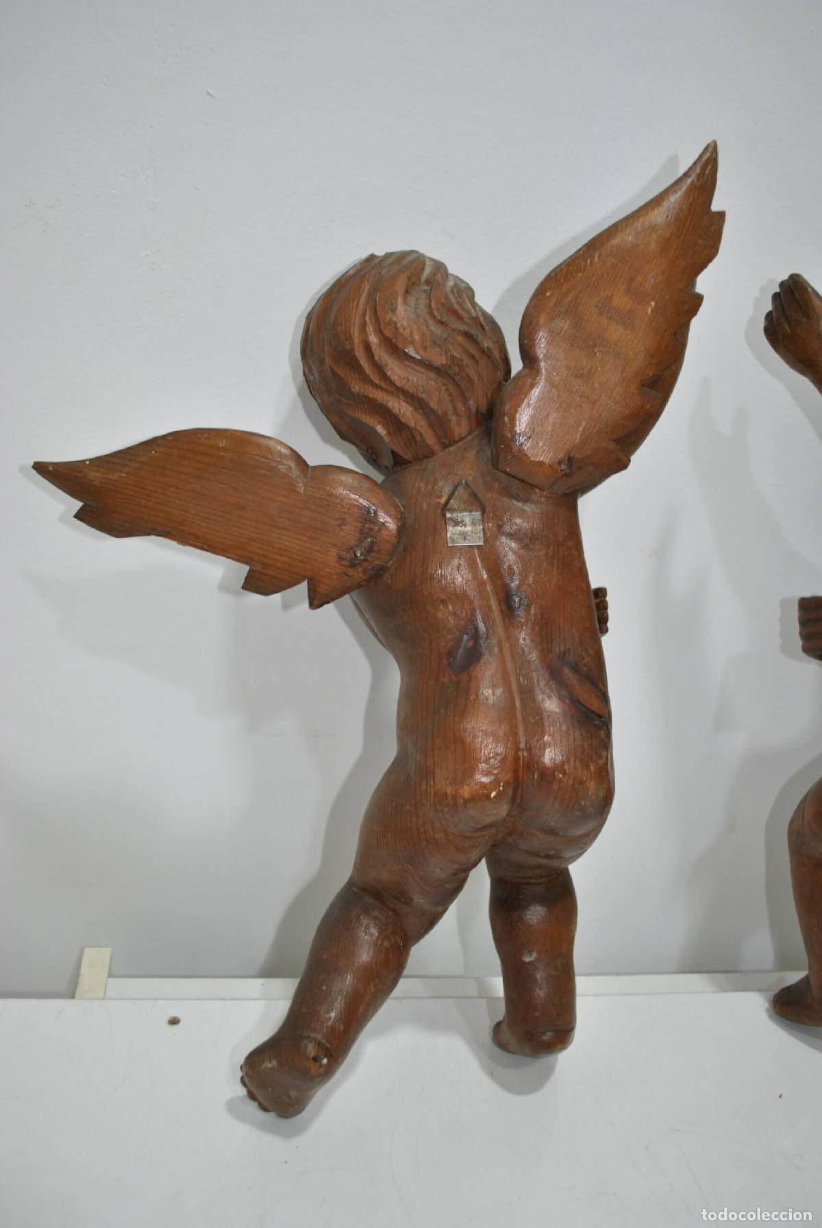 Antig&uuml;edades: Pareja angelitos querubines madera tallada - Foto 10
