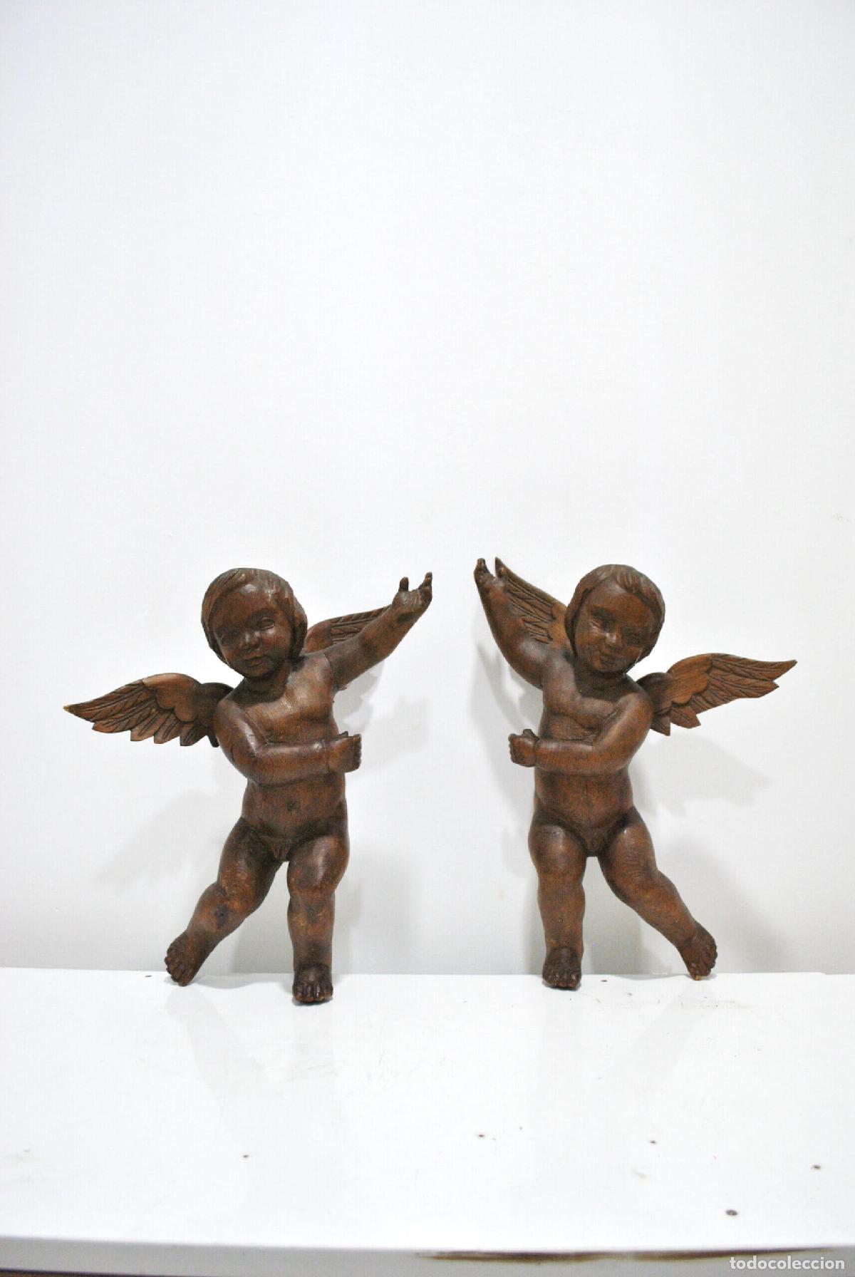 Antig&uuml;edades: Pareja angelitos querubines madera tallada - Foto 1